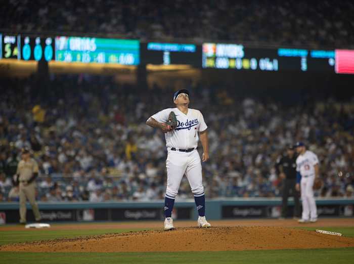 October 11, 2022, Los Angeles, California, USA: Starting pitcher, Julio Urias 7 of the Los Angeles Dodgers during their NDSL Game 1 against the San Diego Padres on Tuesday October 11, 2022 at Dodger Stadium in Los Angeles, California. Dodgers defeat Padres, 5-3 in NDSL Game 1. /PI Los Angeles USA